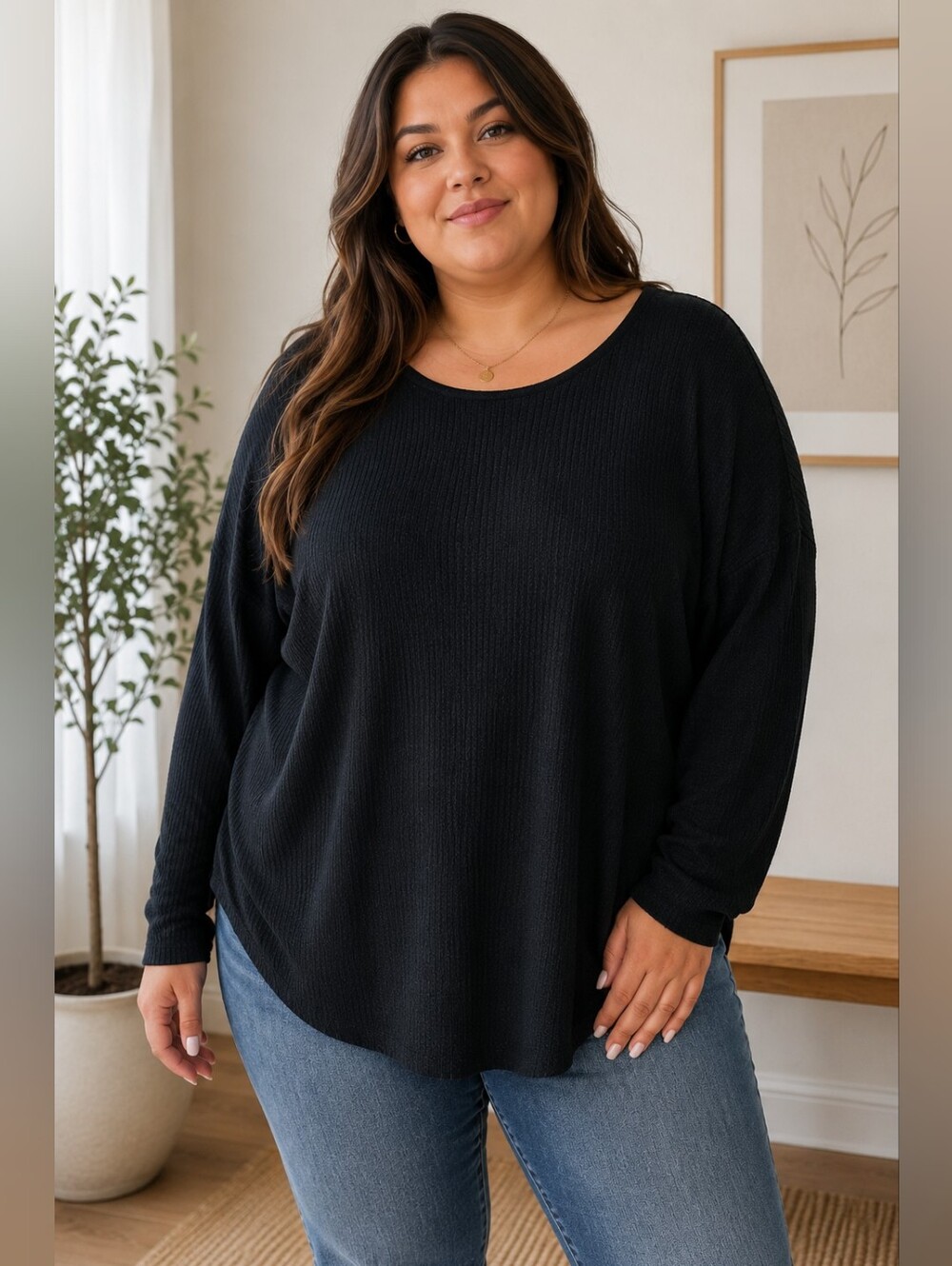 Kersh Black Scoop Neck Long Sleeve Waffle Knit Top